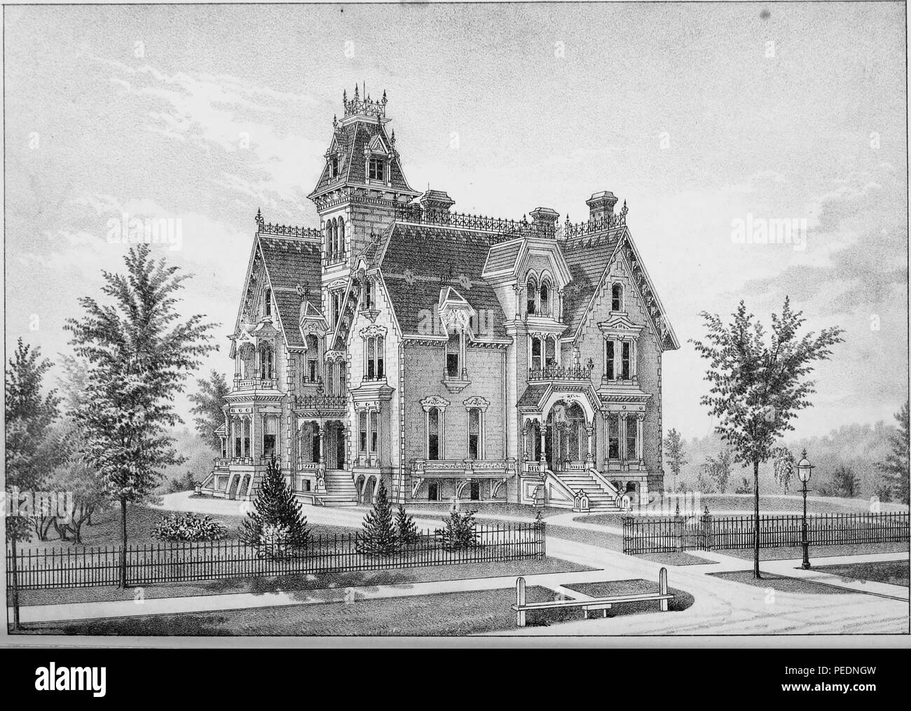 Schwarz-weiß drucken, die einen großen, gemauerten viktorianischen Herrenhaus, wahrscheinlich in der Stadt Lansing entfernt, in Ingham County, Michigan, 1880. Mit freundlicher Genehmigung Internet Archive. () Stockfoto