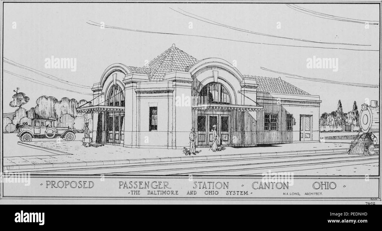 Schwarz-weiß Drucken Darstellung einer Neuromanischen Bahnhof, mit breiten Eingang Bögen und ein Fass Ziegeldach, mit Untertiteln" vorgeschlagenen Personenbahnhof", vom Architekten Ha Long für den Canton, Ohio Anschlag entlang der Baltimore Ohio Railway System, 1912 konzipiert. Mit freundlicher Genehmigung Internet Archive. () Stockfoto
