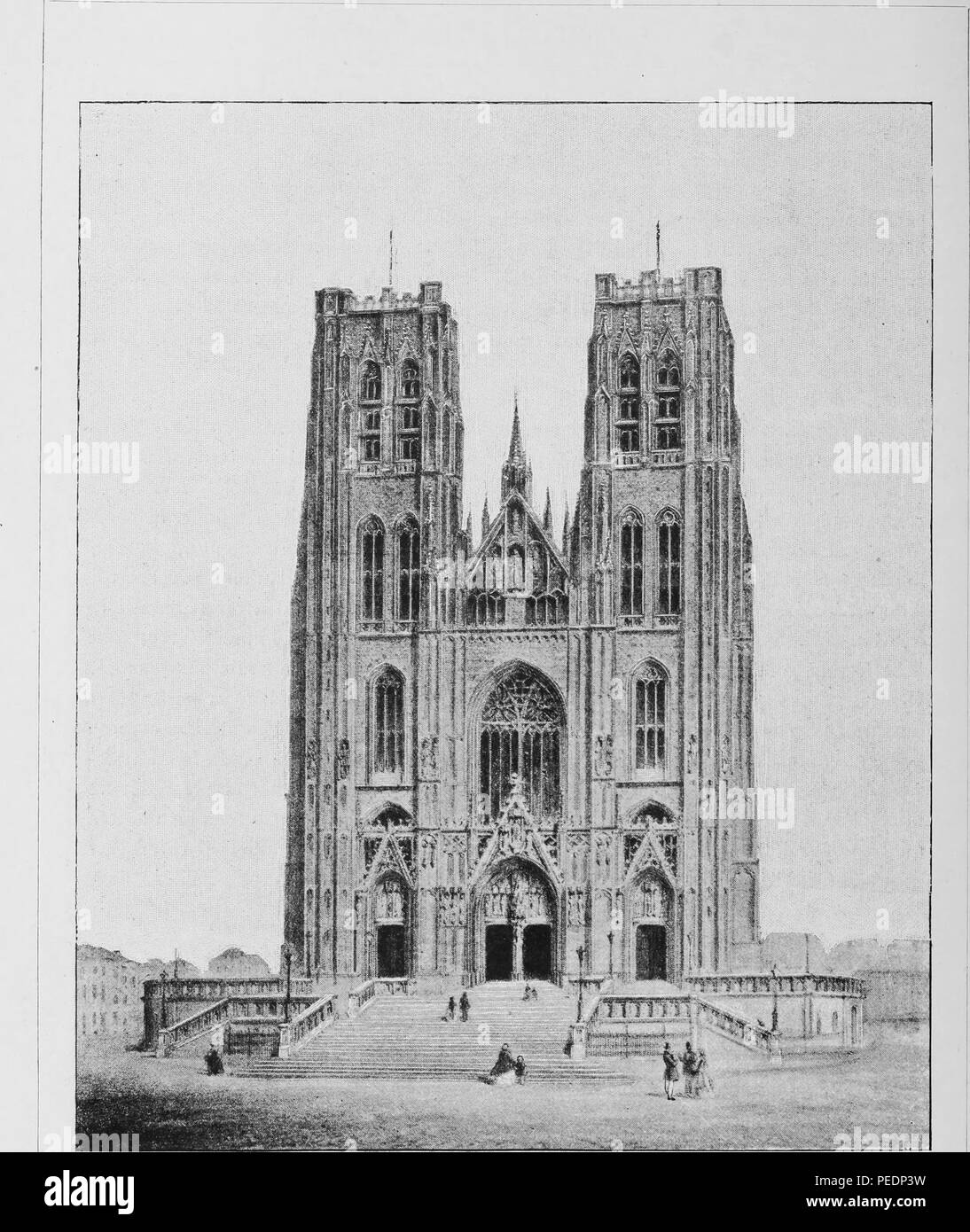 Schwarze und weiße Lithographie Darstellung der Zweitürmigen, römisch-katholischen, gotische Kathedrale von St. Michael und St. Gudula, mit mehreren Personen auf oder in der Nähe der neu erbauten Treppe im Vordergrund, in Brüssel, Belgien, 1884. Mit freundlicher Genehmigung Internet Archive. () Stockfoto