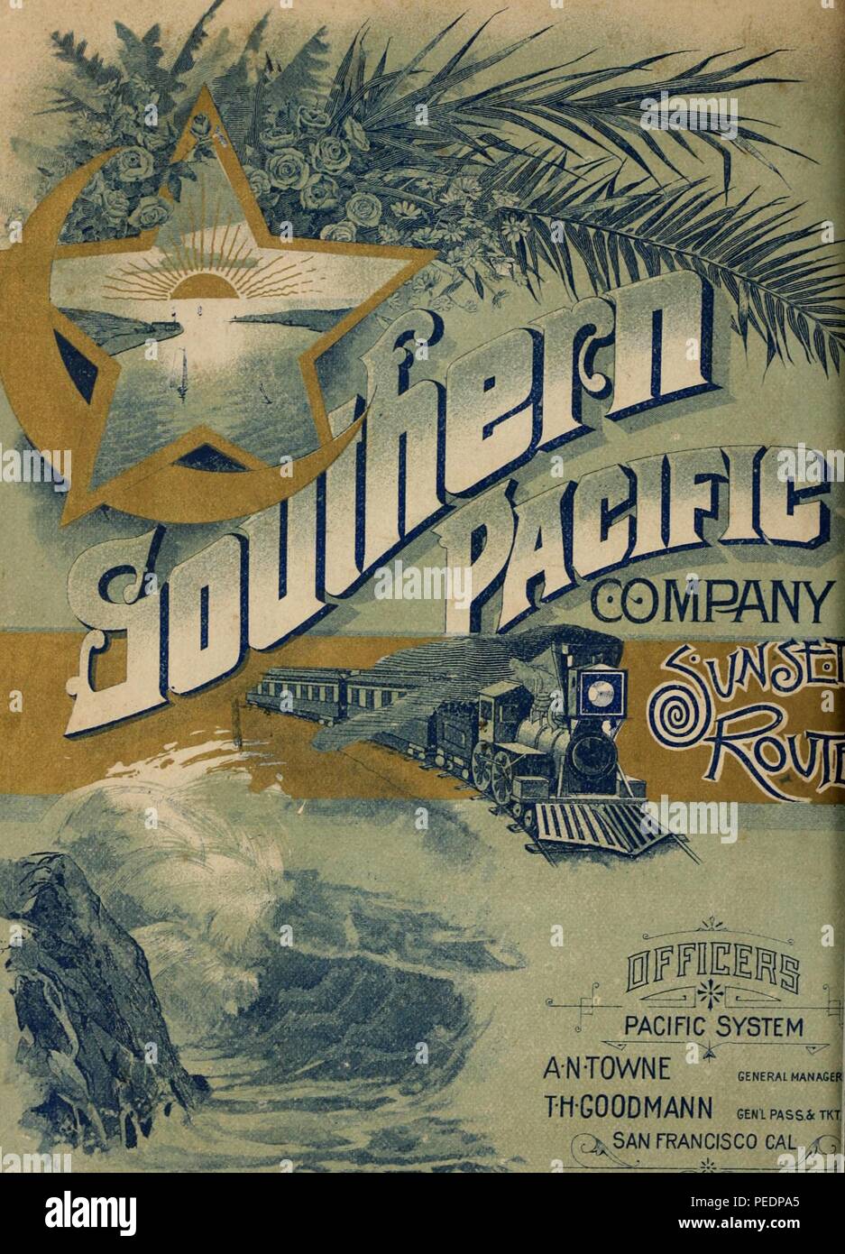 Farbe drucken Werbung die Southern Pacific Railway Company Sonnenuntergang Route, mit Bildern von Palmen und Blumen, eine Grafik Sonne über einer Flussmündung, eine Lokomotive und Autos, und Wellen auf einem Felsen, in "Die Industrien von San Francisco, Kalifornien veröffentlicht brechen: eine Überprüfung der Fertigungs-, Handels- und Wirtschaftsinteressen der Bay City: Zusammen mit einem Historische Skizze von Ihrem Aufstieg und Fortschritt", 1889. Mit freundlicher Genehmigung Internet Archive. () Stockfoto