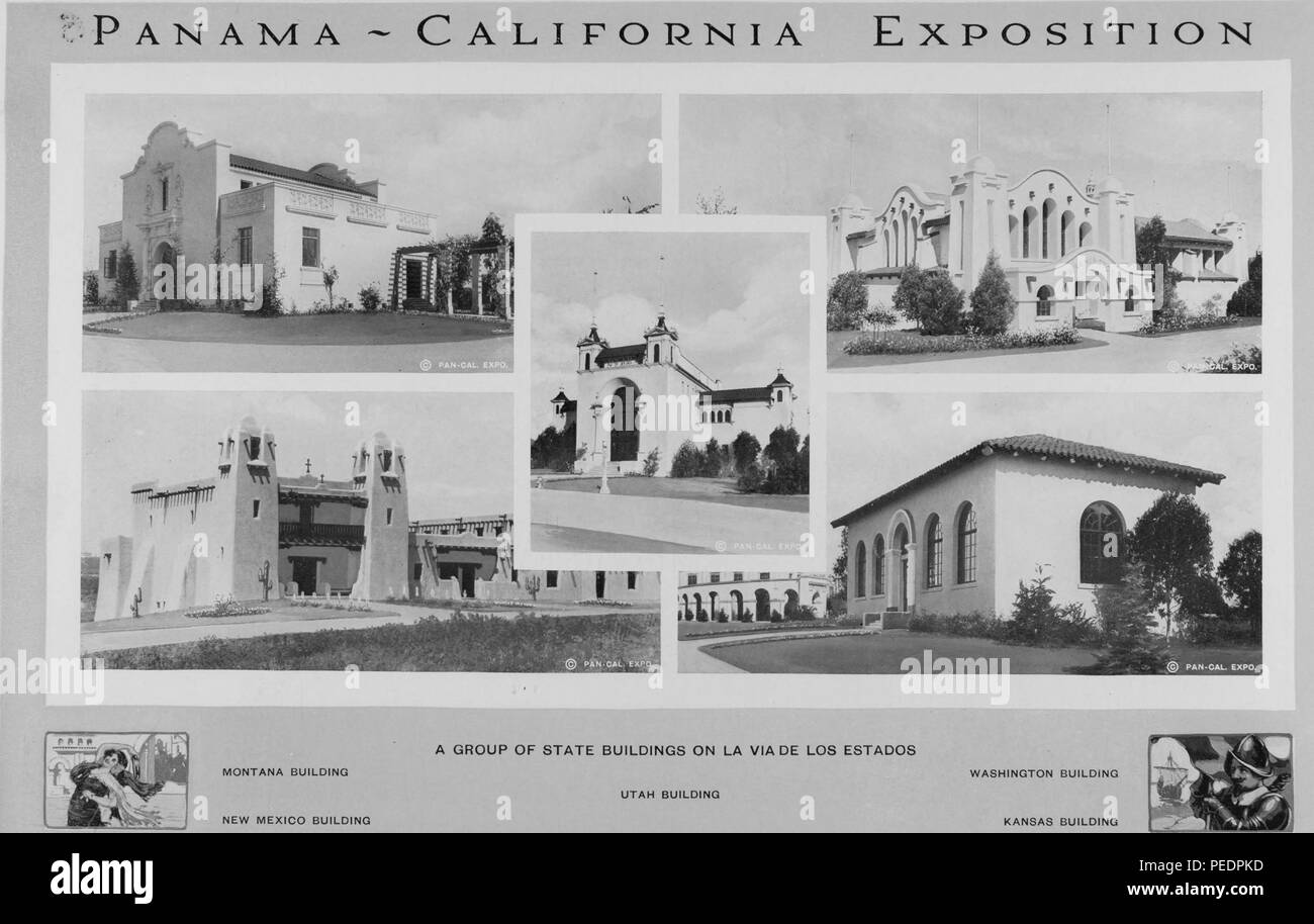 Schwarz-weiß Drucken, fünf Adobe abgedeckt, Spanisch Revival Stil Gebäude, darunter die Montana, Utah, Washington, Mexiko, und Kansas Gebäude, für die 1915 Panama-California Exposition in San Diego, Kalifornien, USA, 1915 gebaut. Mit freundlicher Genehmigung Internet Archive. () Stockfoto