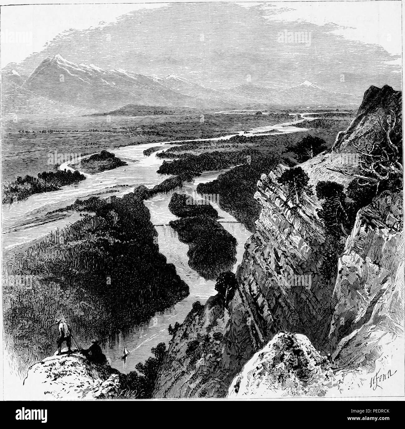 Schwarz-weiß Drucken mit einer Ansicht von Yellowstone die Klippen, über den Yellowstone River und das Tal suchen, mit Bergen im Hintergrund, in der Yellowstone National Park, der den US-Bundesstaaten Wyoming, Montana und Idaho, illustriert von Harry Fenn, und in einer bearbeiteten Band William Cullen Bryant "Malerischen Amerika; oder, in das Land, in der wir Leben", 1872 veröffentlicht. Mit freundlicher Genehmigung Internet Archive. () Stockfoto