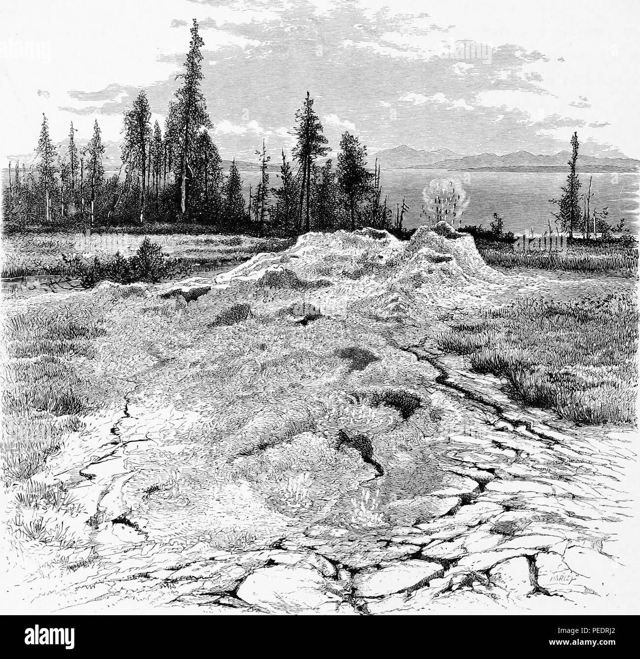 Schwarz und Weiß Vintage Print, eine Aussicht auf eine Schlamm Geysir im Schlamm Vulkan, im Yellowstone National Park gelegen und erstreckt sich über die Staaten von Wyoming, Montana und Idaho in den USA, in einer bearbeiteten Band William Cullen Bryant "Malerischen Amerika; oder, in das Land, in der wir Leben", 1872 veröffentlicht. Mit freundlicher Genehmigung Internet Archive. () Stockfoto
