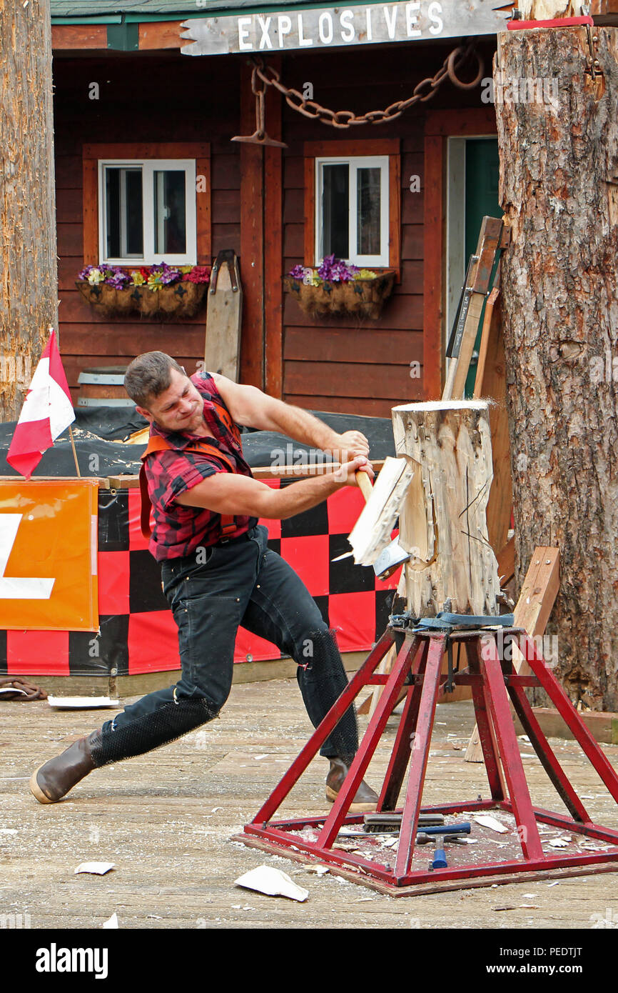 Ein holzfäller schwingt seine Axt ein Protokoll zu hacken Stockfoto