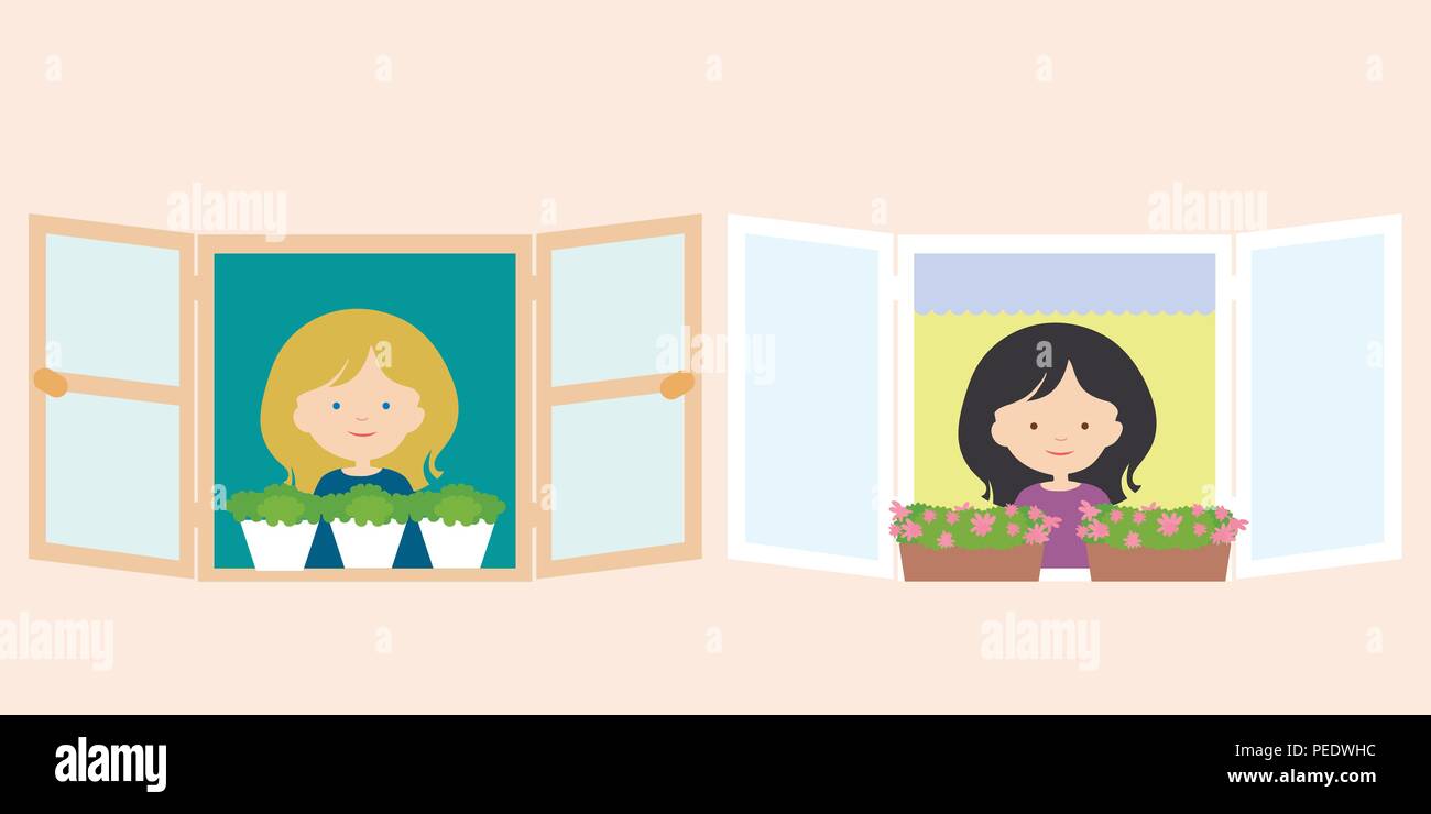 Zwei Frauen, Nachbarn, stehen im Fenster mit Blumentopf und Lächeln - Vektor Stock Vektor