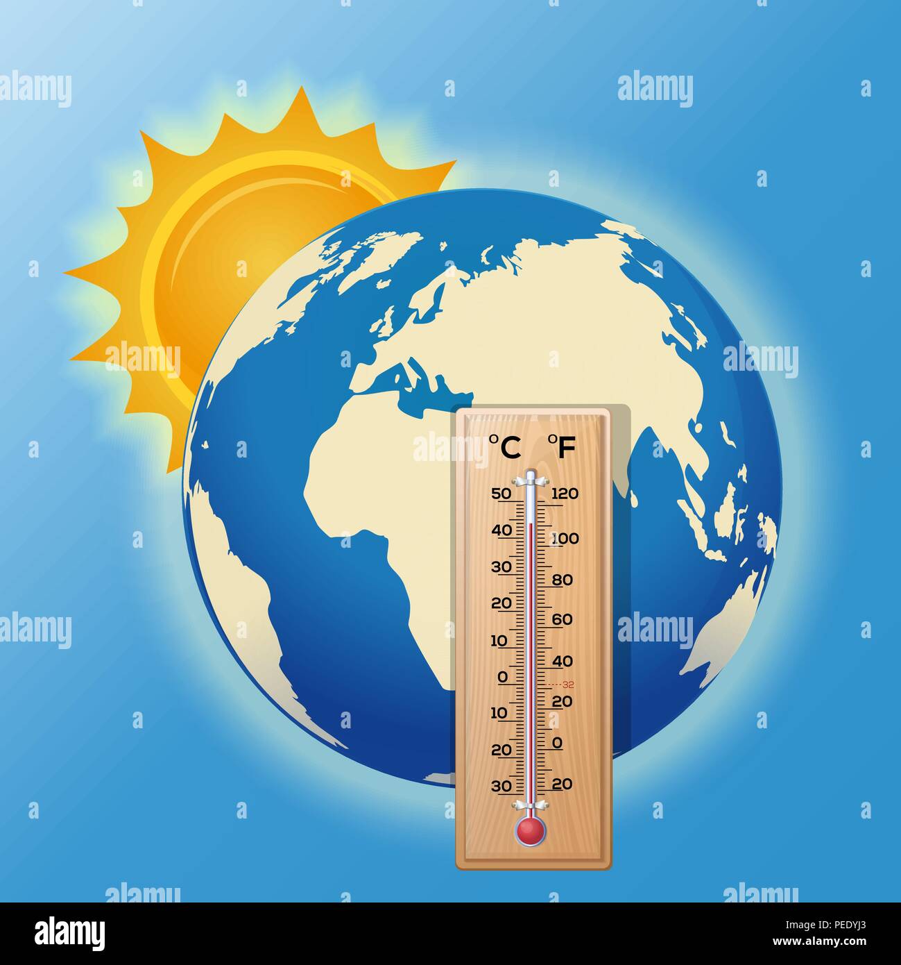 Thermometer auf dem Hintergrund der Welt. Die Sonne beleuchtet die Erde.  Hohe Temperatur auf dem Thermometer. Die globale Erwärmung. Vector  Illustration Stock-Vektorgrafik - Alamy