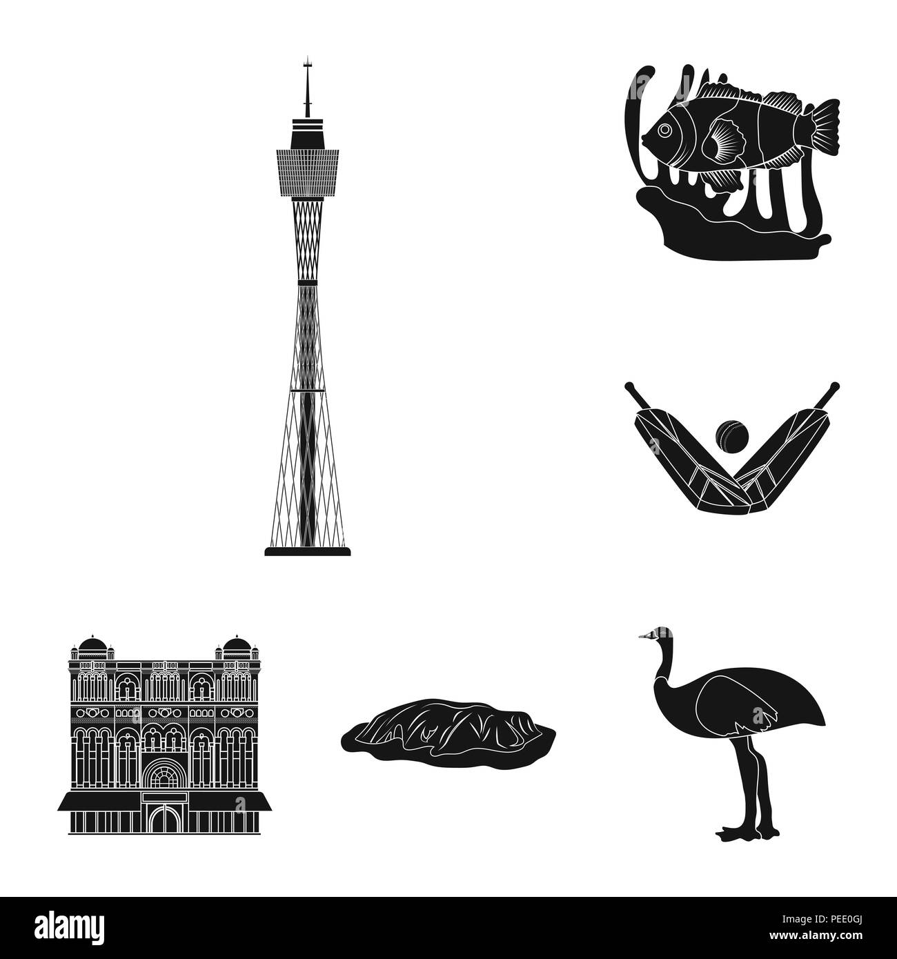 Land Australien schwarze Symbole in der Sammlung für Design. Reisen und Sehenswürdigkeiten vektor Symbol lieferbar Abbildung. Stock Vektor