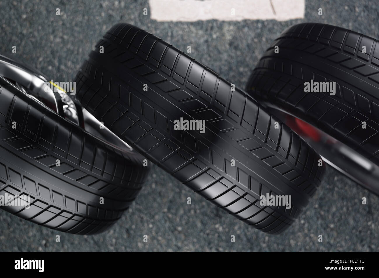 Auto Rad, Auto Reifen stehend auf einer Straße. Konzept reifen. Pkw-Reifen mit einer Scheibe auf der asphaltierten Straße, 3D-Darstellung Stockfoto
