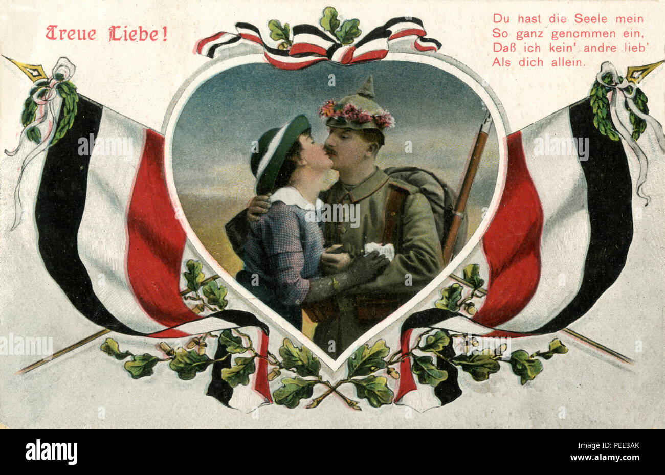 Soldat mit einer Blume - ährentragende pimple Haube küsst eine Frau, Stockfoto