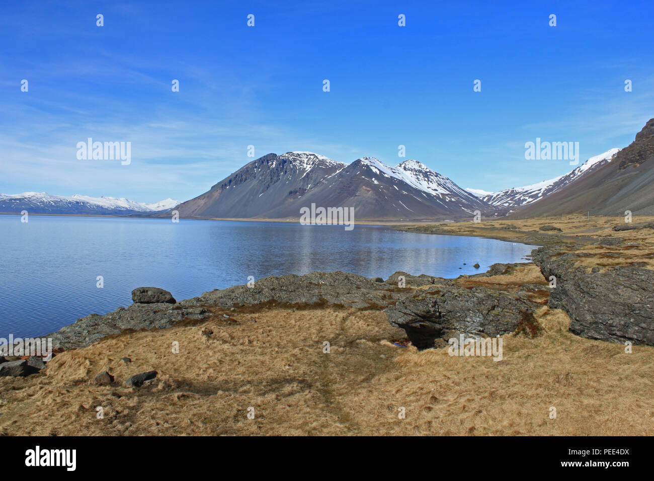 Picknick im Osten Fjorde. Island. Stockfoto