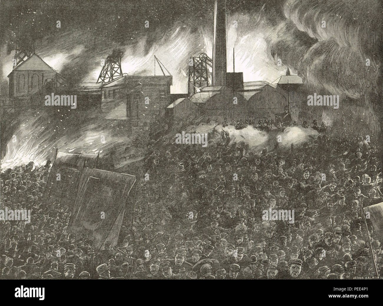 Soldaten schießen auf eine Masse demonstrieren auf der Zeche Tore von Ackton Halle Grube, während der featherstone Unruhen, 7. September 1893, nach einer Lesung des Riot Act Stockfoto