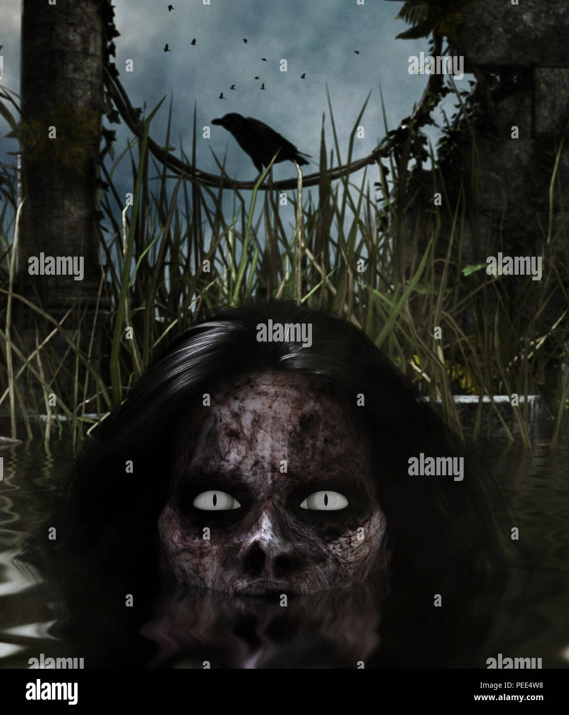 Lady zombie im Wasser, 3d-Mixed Media für Buchillustration oder Buch Cover Stockfoto