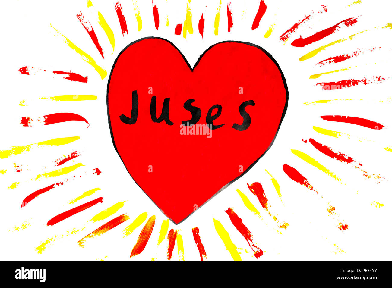 Zeichnung des Kindes, ich liebe Jesus Text schreiben auf Herz. Stockfoto
