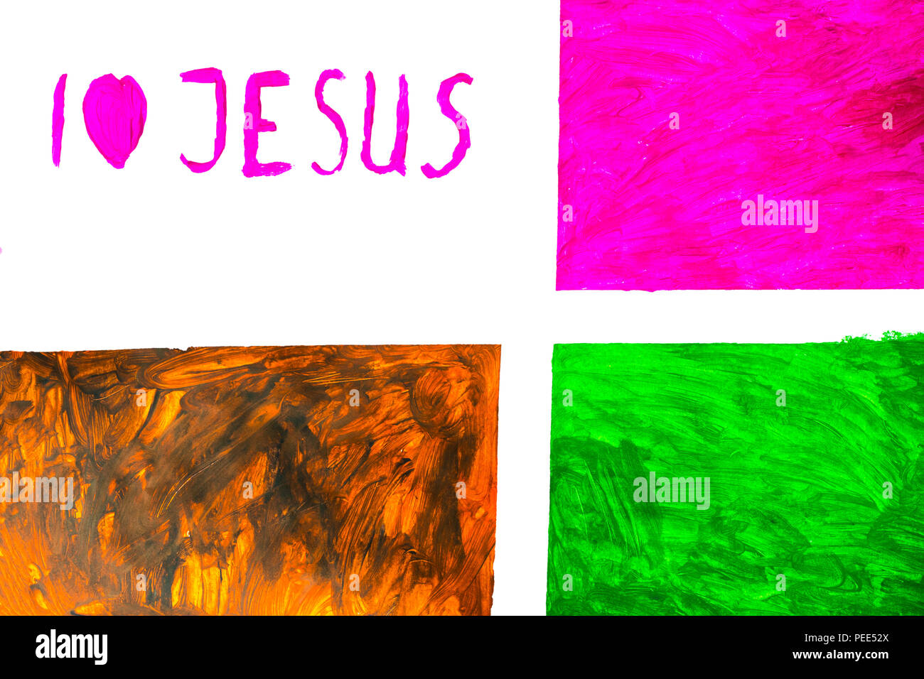 Zeichnung des Kindes, ich liebe Jesus Text schreiben auf Herz. Stockfoto