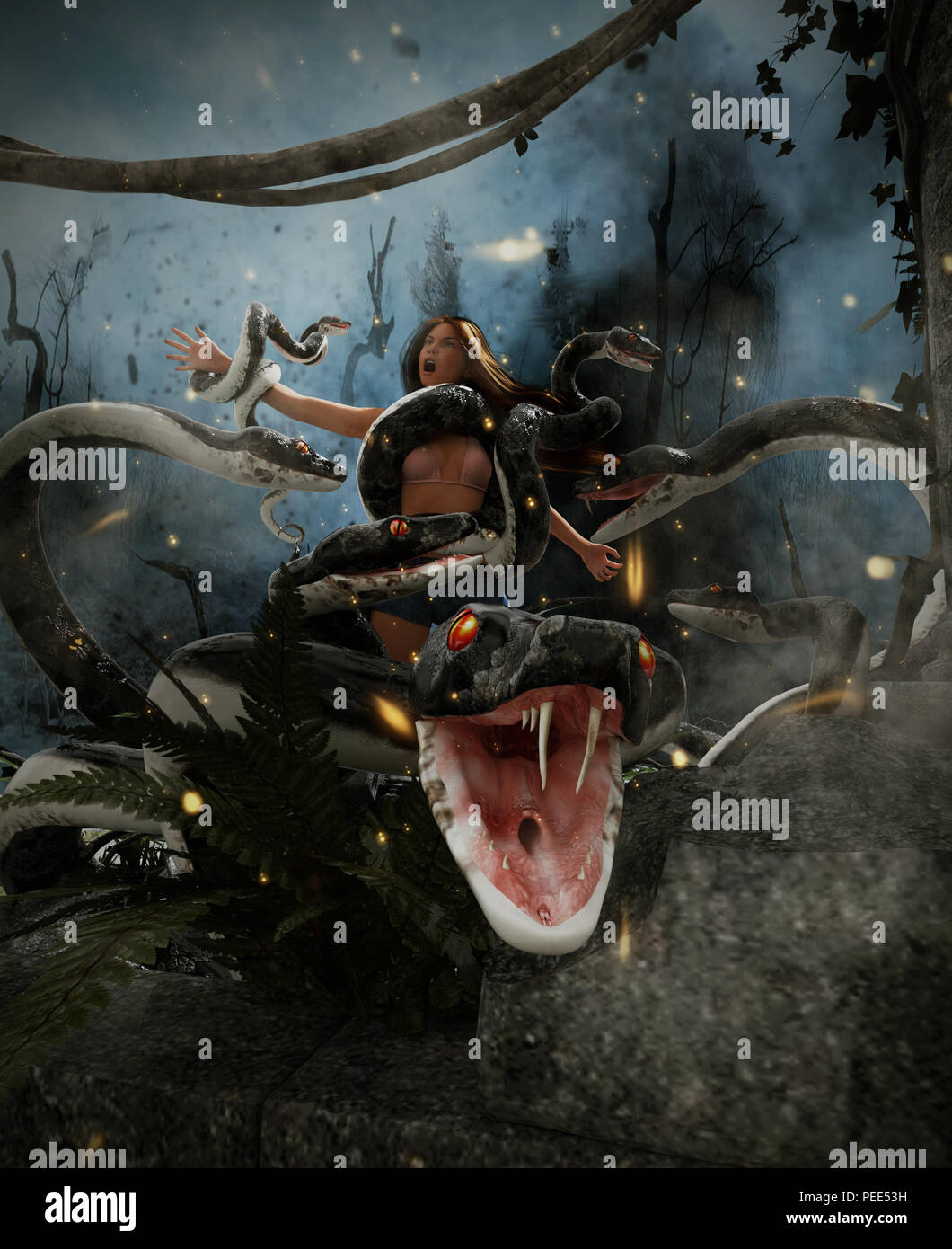 Giant fantasy Snake Angriff eine Frau, 3d-Mixed Media für Buchillustration oder Buch Cover Stockfoto