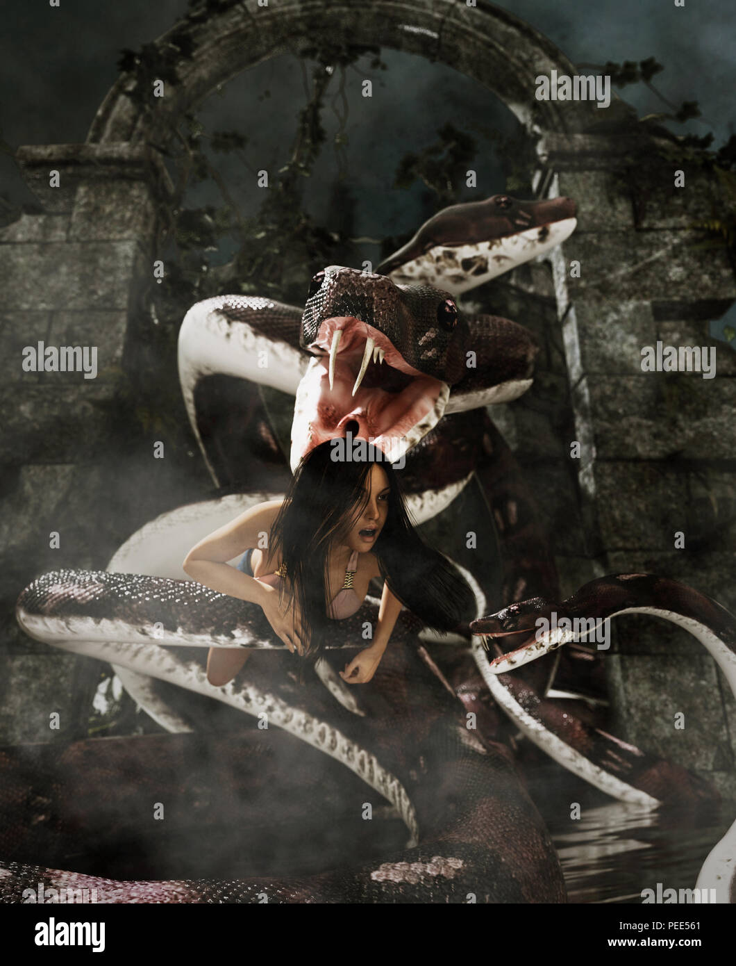 Giant fantasy Snake Angriff eine Frau, 3d-Mixed Media für Buchillustration oder Buch Cover Stockfoto