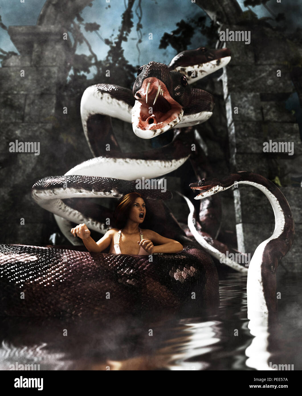 Giant fantasy Snake Angriff eine Frau, 3d-Mixed Media für Buchillustration oder Buch Cover Stockfoto