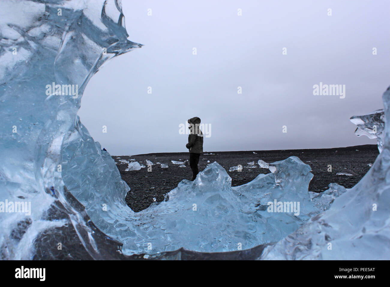 Silhouette durch Eisberge auf Diamond Beach, Island. Stockfoto
