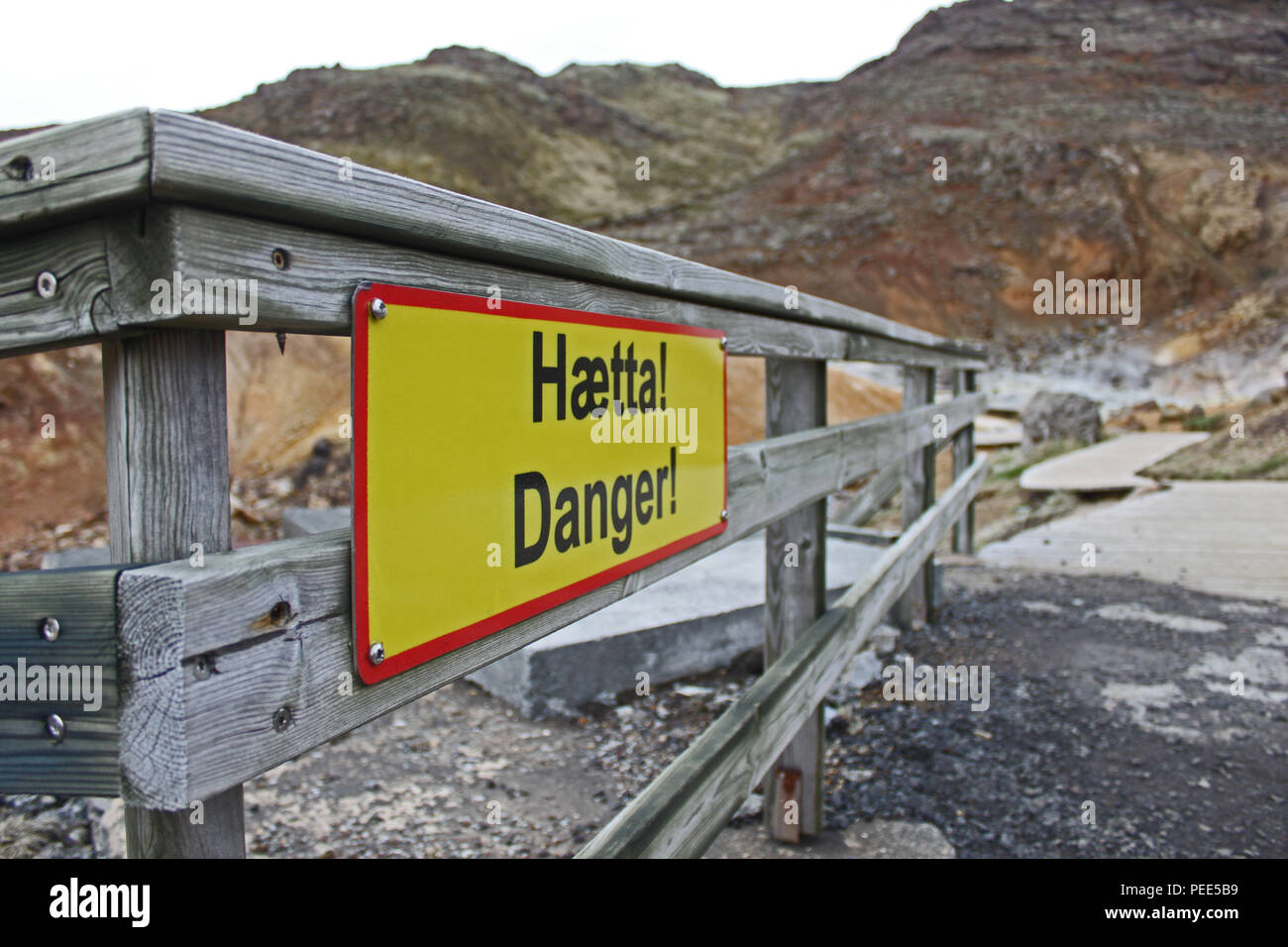 Vulkanische Gefahr unterzeichnen. Seltun heißen Srings, Island Stockfoto