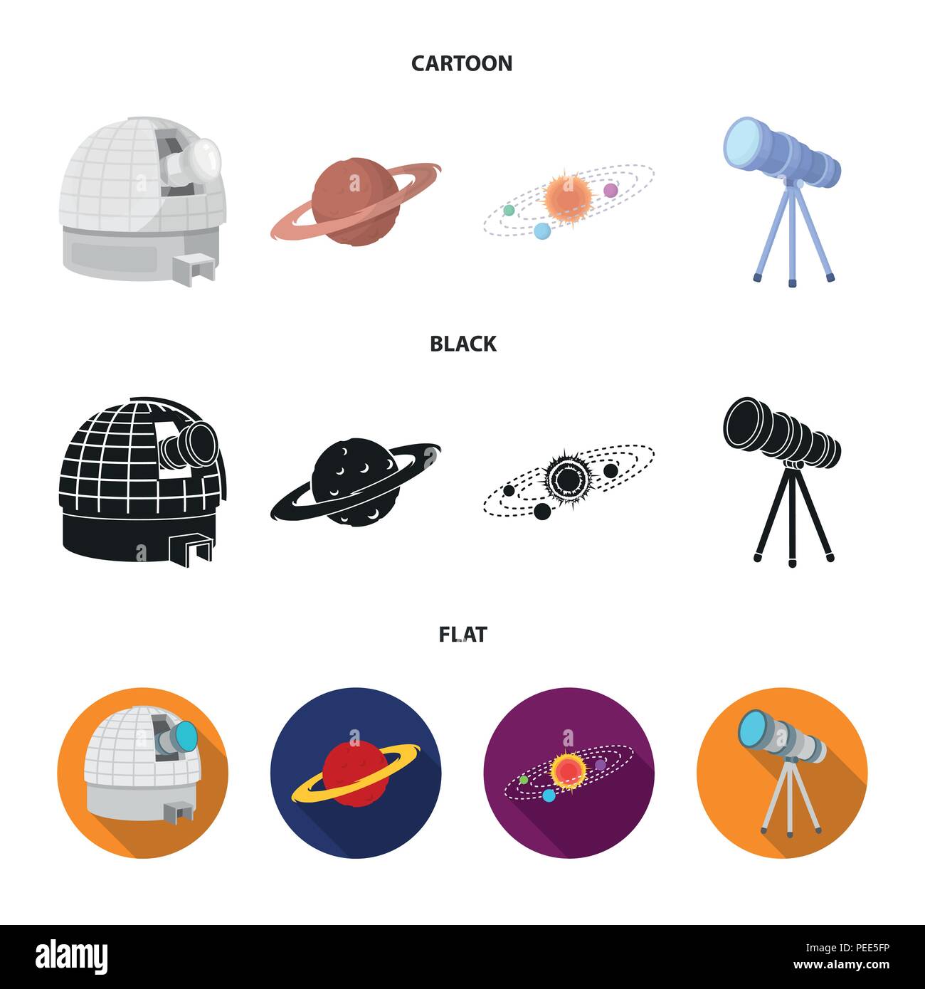 Observatorium mit einem Radioteleskop, Mars, Solaranlage mit Umlaufbahnen von Planeten, Teleskop auf einem Stativ. Raum Sammlung Icons im Cartoon, schwarz, w Stock Vektor Observatorium mit einem Radioteleskop, Mars, Solaranlage mit Umlaufbahnen von Planeten, Teleskop auf einem Stativ. Raum Sammlung Icons im Cartoon, schwarz, w Stock Vektor