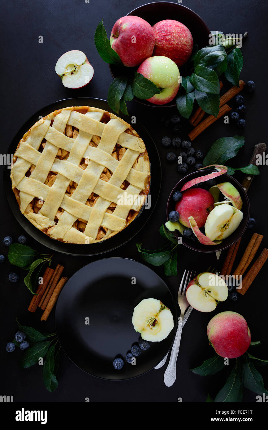 Amerikanische tradition Apfelkuchen mit Äpfel, Blaubeeren und Zimt dekoriert apple Blätter auf dunklem Hintergrund. Ansicht von oben. Flach. Immer noch leben. Stockfoto