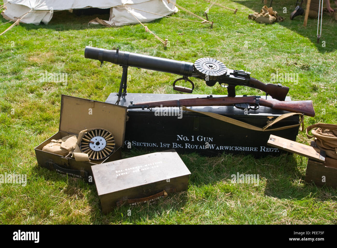 Weltkrieg eine lebendige Geschichte reenactment Maschinengewehr in Hay-on-Wye Powys Wales UK Stockfoto