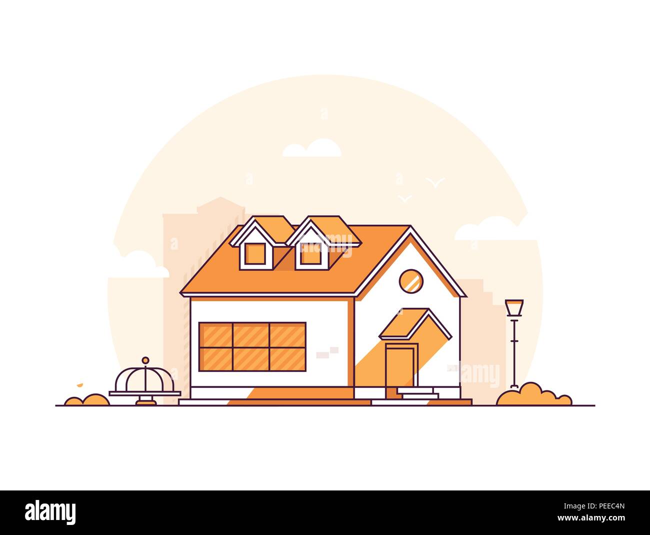 Ferienhaus Haus - Moderne thin line Design Vektor Grafik auf weißem Hintergrund. Orange hochwertige Zusammensetzung, Landschaft mit kleinen l Stock Vektor