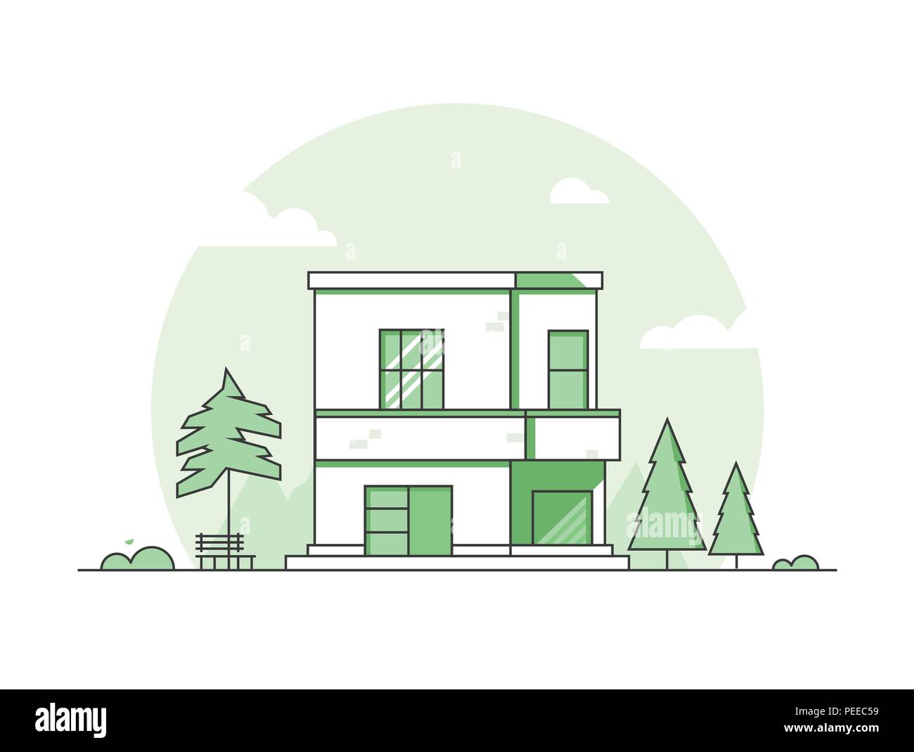 Ferienhaus Haus - Moderne thin line Design Vektor Grafik auf weißem Hintergrund. Grün gefärbt Zusammensetzung mit einem niedrigen Gebäude, Sitzbank, Bu Stock Vektor