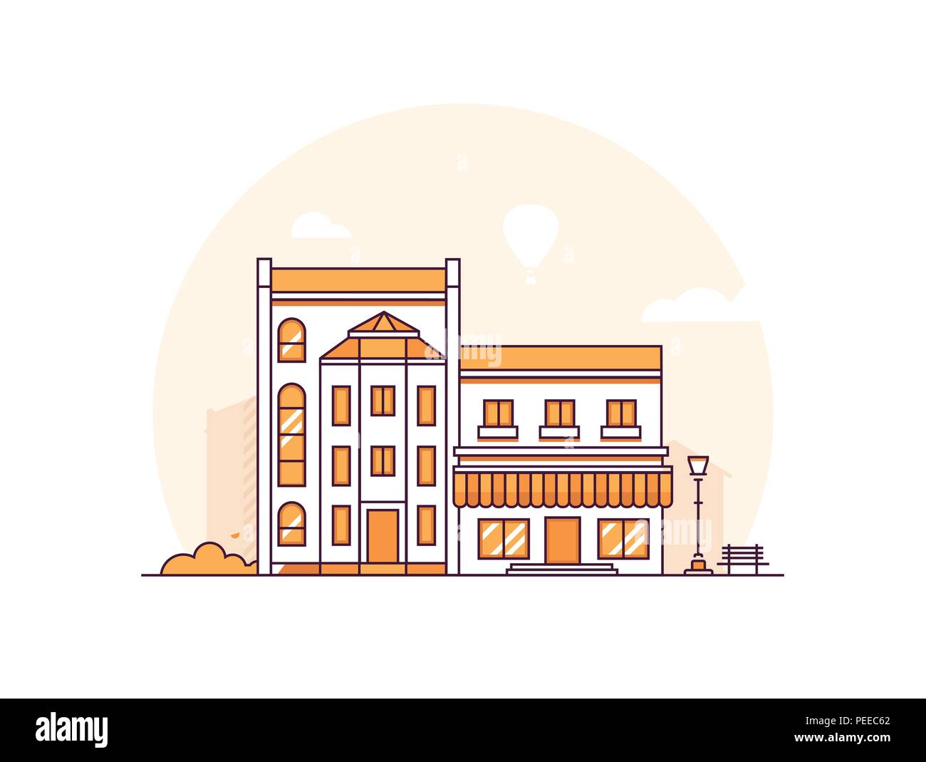 Stadt Gebäude - Moderne thin line Design Vektor Grafik auf weißem Hintergrund. Orange gefärbt Zusammensetzung mit einer Wohnung Haus, Shop mit Stock Vektor