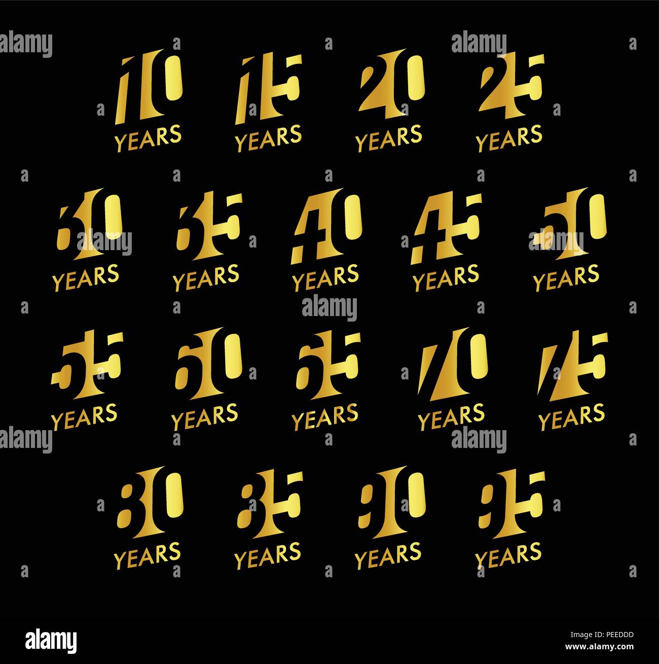 Jahrestag vektor Zahlen gesetzt. Geburtstag logo Sammlung. Goldene Jahre Zeichen auf schwarzem Hintergrund. Jubiläum design Illustration. Stock Vektor
