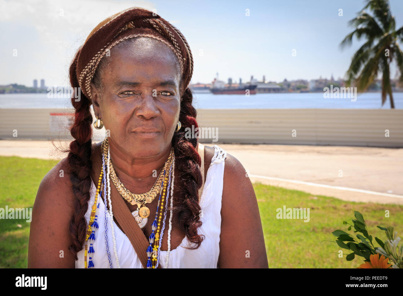 Santeria Frau, Wahrsagerin in Regla, Havanna, Kuba Stockfoto