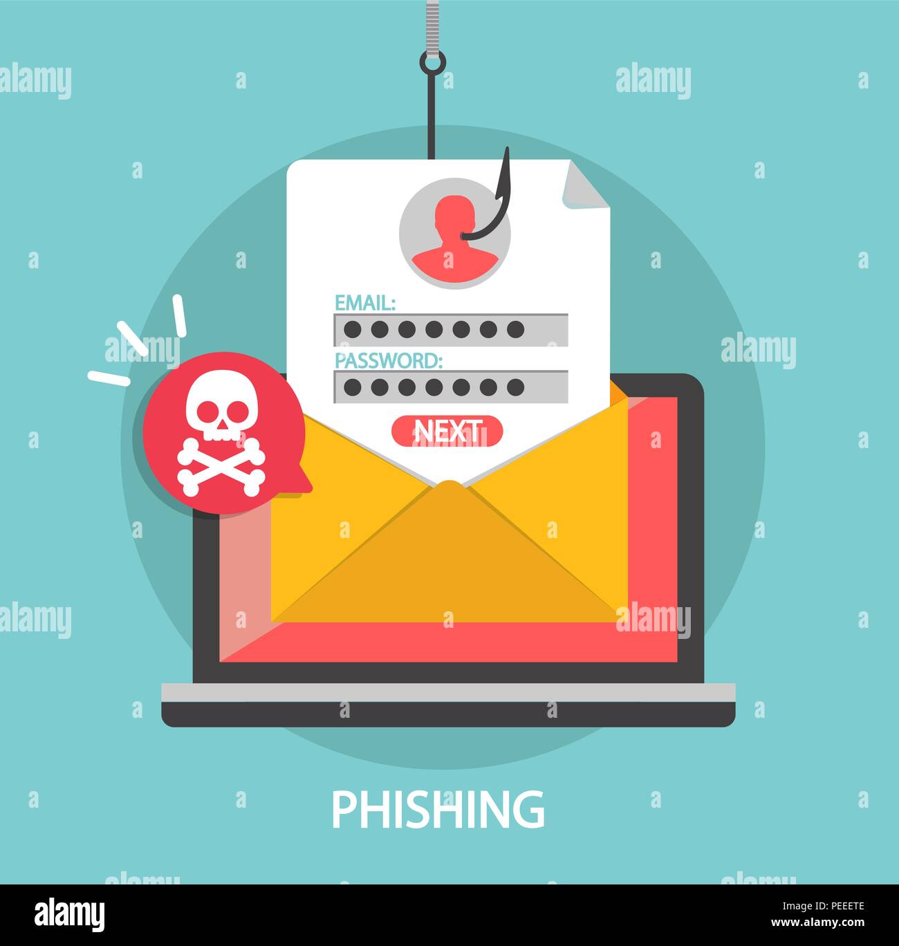 Phishing Login und Passwort auf Angeln Haken in e-Umschlag. Konzept der Internet- und Netzwerksicherheit. Hacking online scam auf Laptop. Flat Style Vector Illustration. Stock Vektor