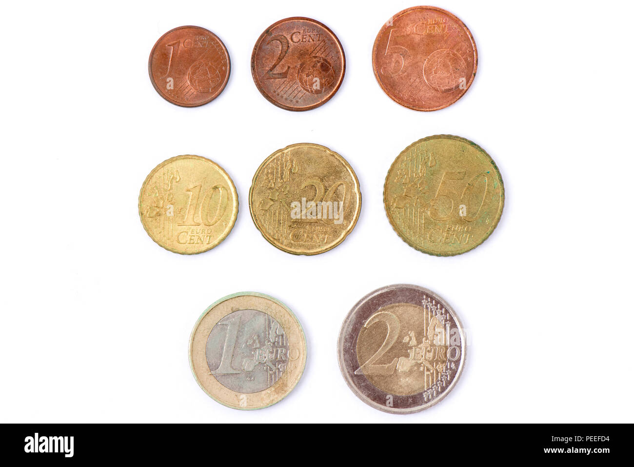 Europäische Union Münzen, 1 Cent bis 2 Euro. Stockfoto