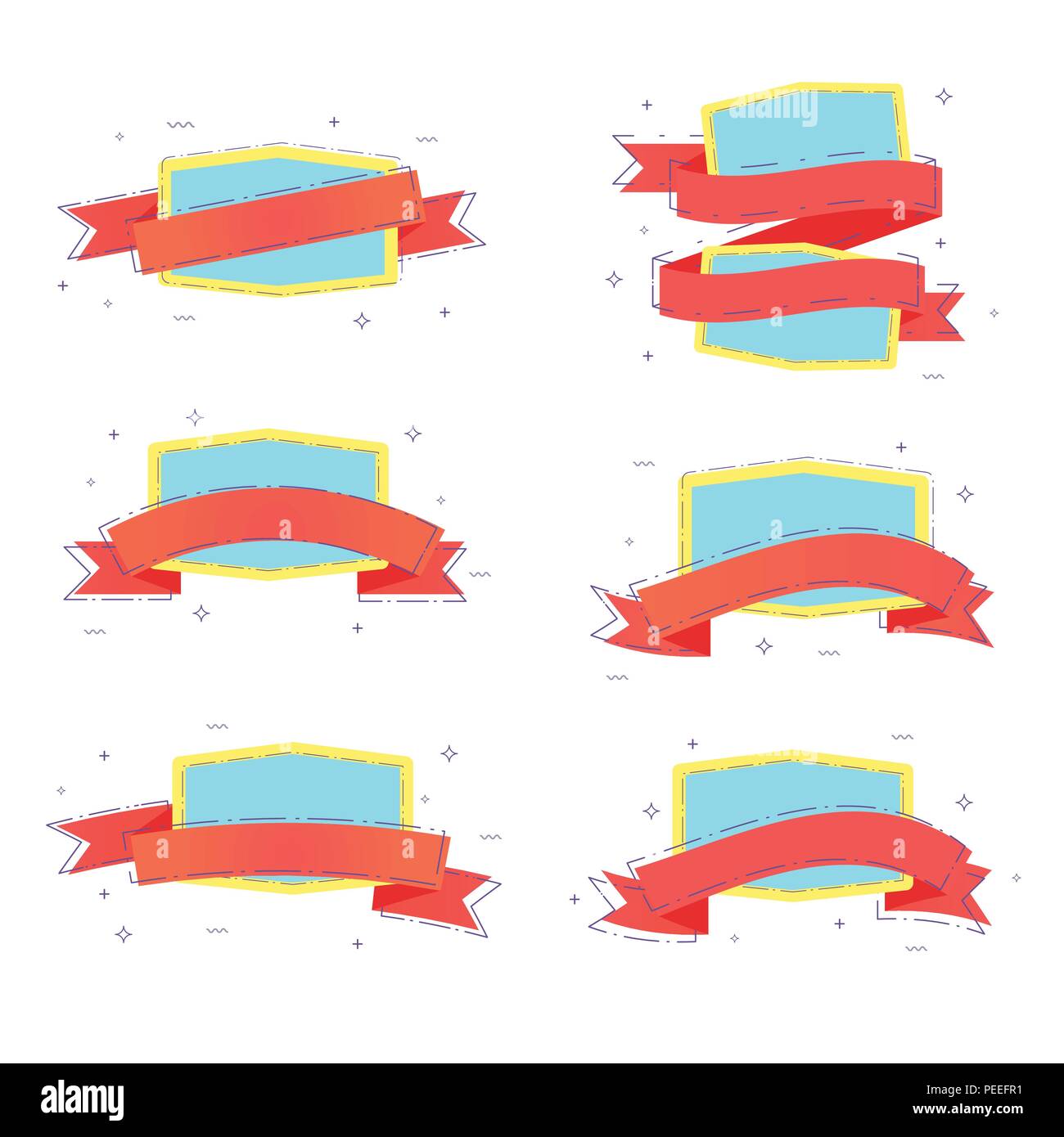 Eingestellt von Ribbon Abzeichen mit gestrichelten Linien und geometrischen abstrakten Formen. Elemente für Grafik Design - Banner, ad, Poster, Flyer, tag, Kupon, Karte, Embl Stock Vektor