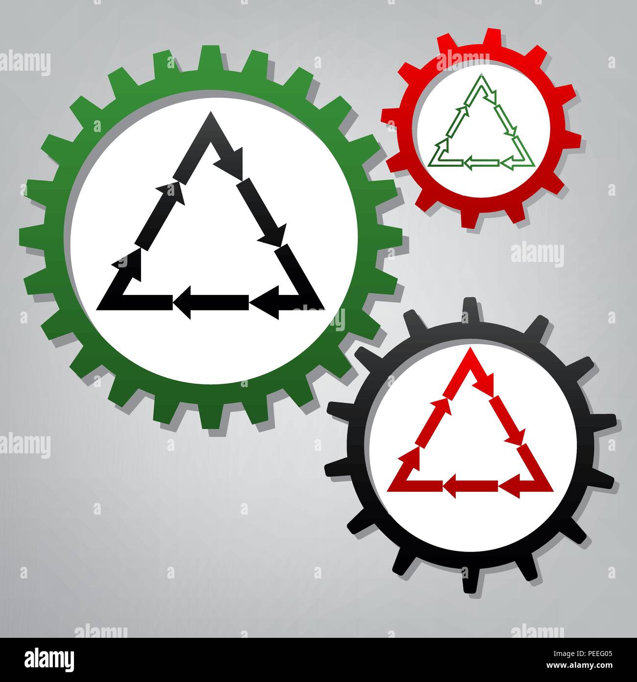 Kunststoff Recycling symbol PVC 3, Kunststoff Recycling code PVC 3. Vektor. Drei verbundenen Zahnräder mit Symbolen am grauen Hintergrund. Stock Vektor