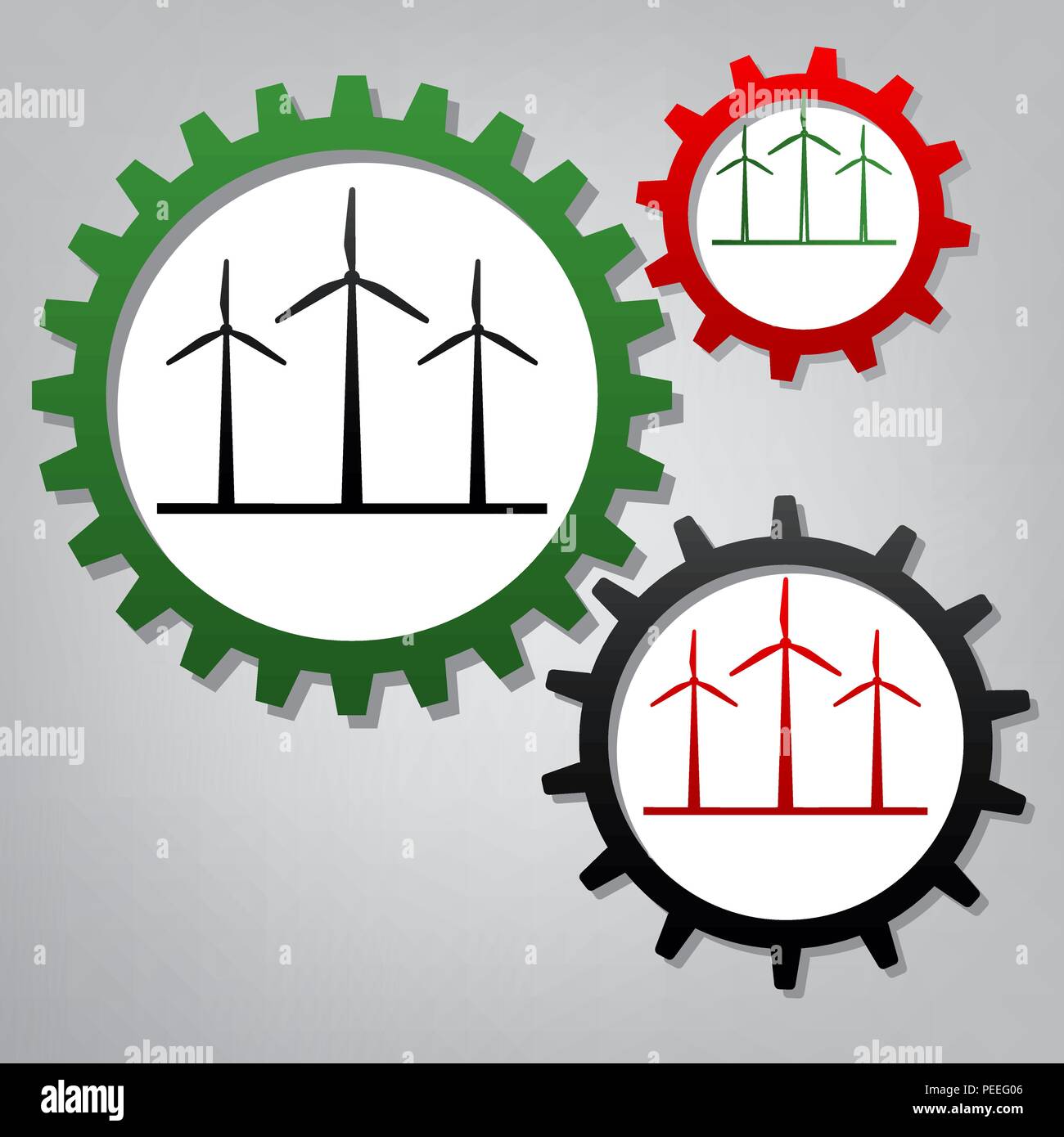 Windenergieanlagen unterzeichnen. Vektor. Drei verbundenen Zahnräder mit Symbolen am grauen Hintergrund. Stock Vektor