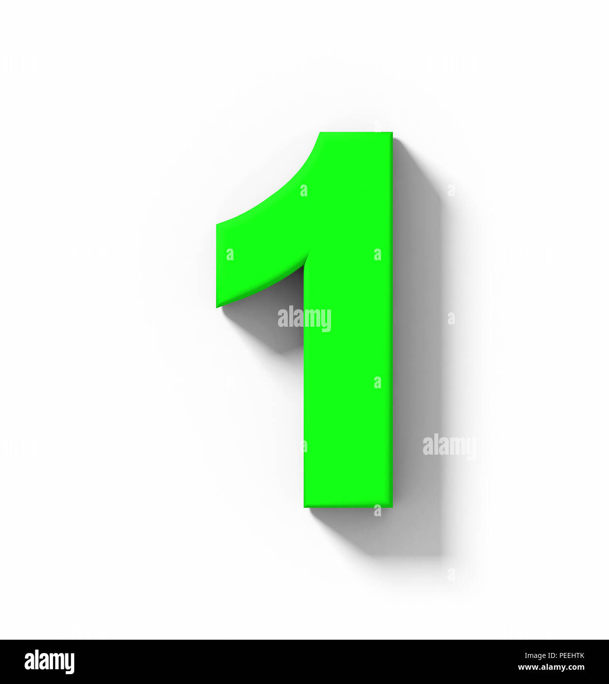Nummer 1 3D Grün auf Weiß mit Schatten isoliert-orthogonale Projektion - 3D-Rendering Stockfoto
