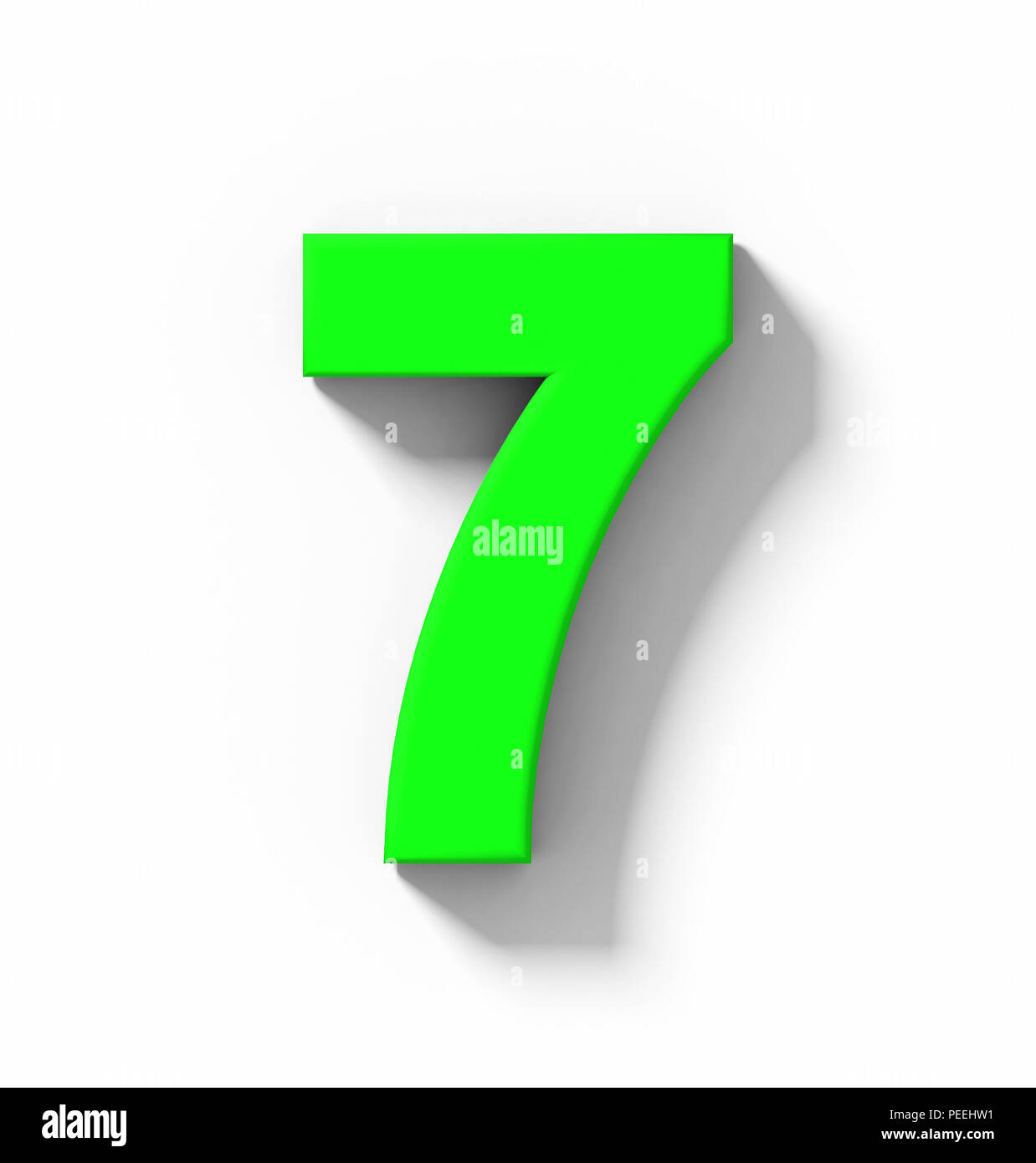Nummer 7 3D Grün auf Weiß mit Schatten isoliert-orthogonale Projektion - 3D-Rendering Stockfoto
