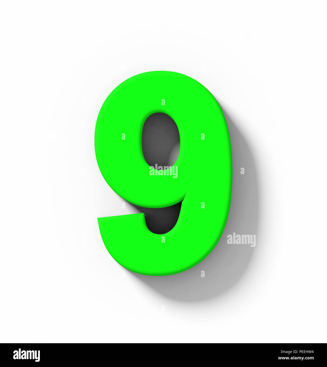 Nummer 9, 3D Grün auf Weiß mit Schatten isoliert-orthogonale Projektion - 3D-Rendering Stockfoto