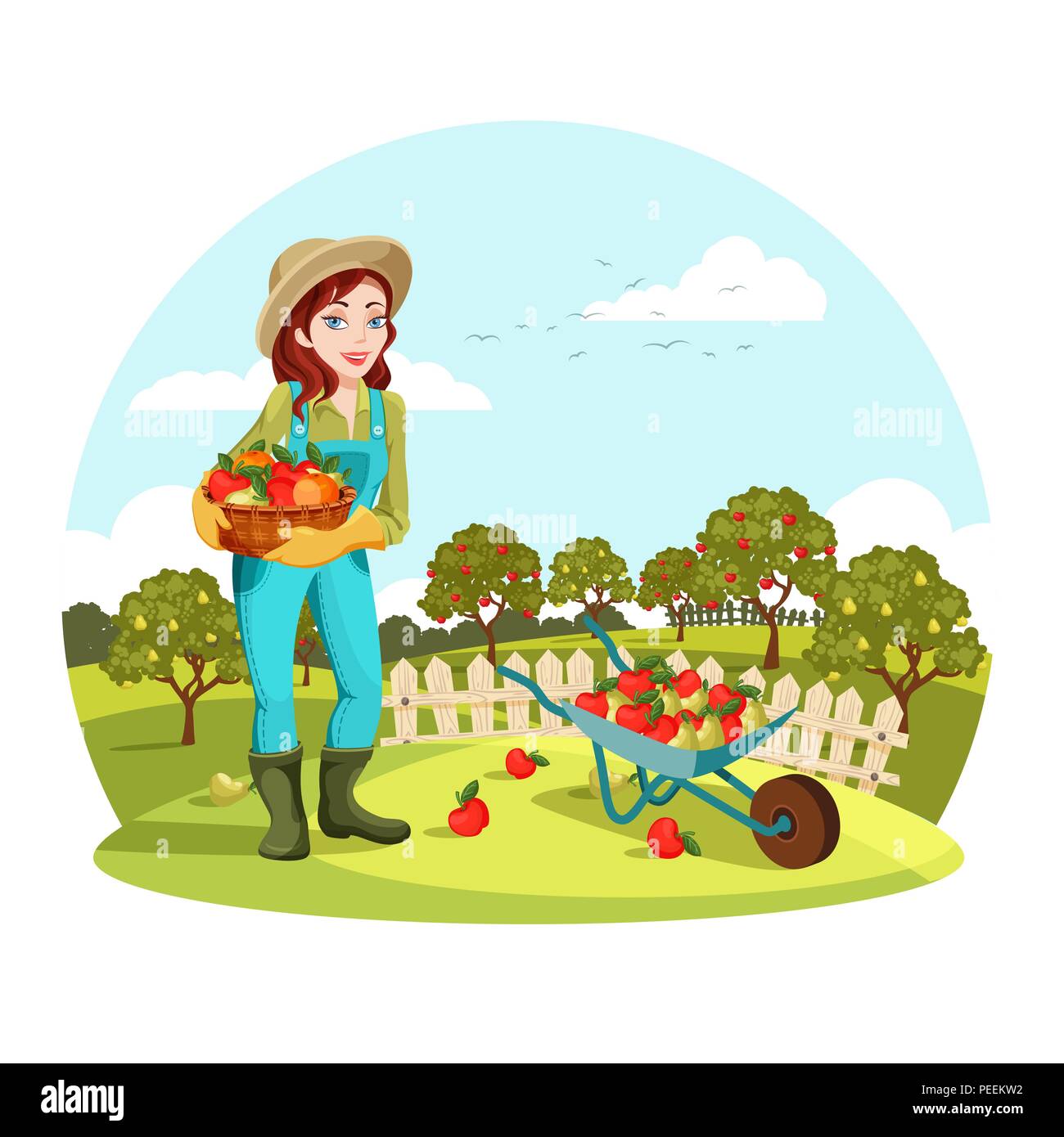 Frau landwirtschaftlichen Gemeinschaften garten Äpfel oder Birnen. Weibliche Landwirt oder Gärtner in der Nähe von Schubkarre mit Früchten. Organisches und gesundes Essen Anbau, natürliche Ernährung und die Landschaft Thema Stock Vektor