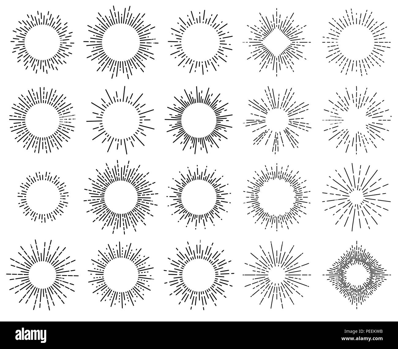 Geometrische hand gezogenen Linien in runder oder Kreis Form. Sonnenstrahlen leuchten mit Strahlen als gepunktete Linien dargestellt. Sonnenuntergang oder Sunrise, radiale Sonnenschliff, Flash und Kreis, Explosion und lineare Thema Stock Vektor