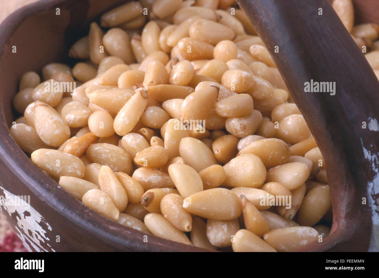 Muttern (Pinon pine Nuts) in einer nativen amerikanischen Keramik Schüssel. Foto Stockfoto
