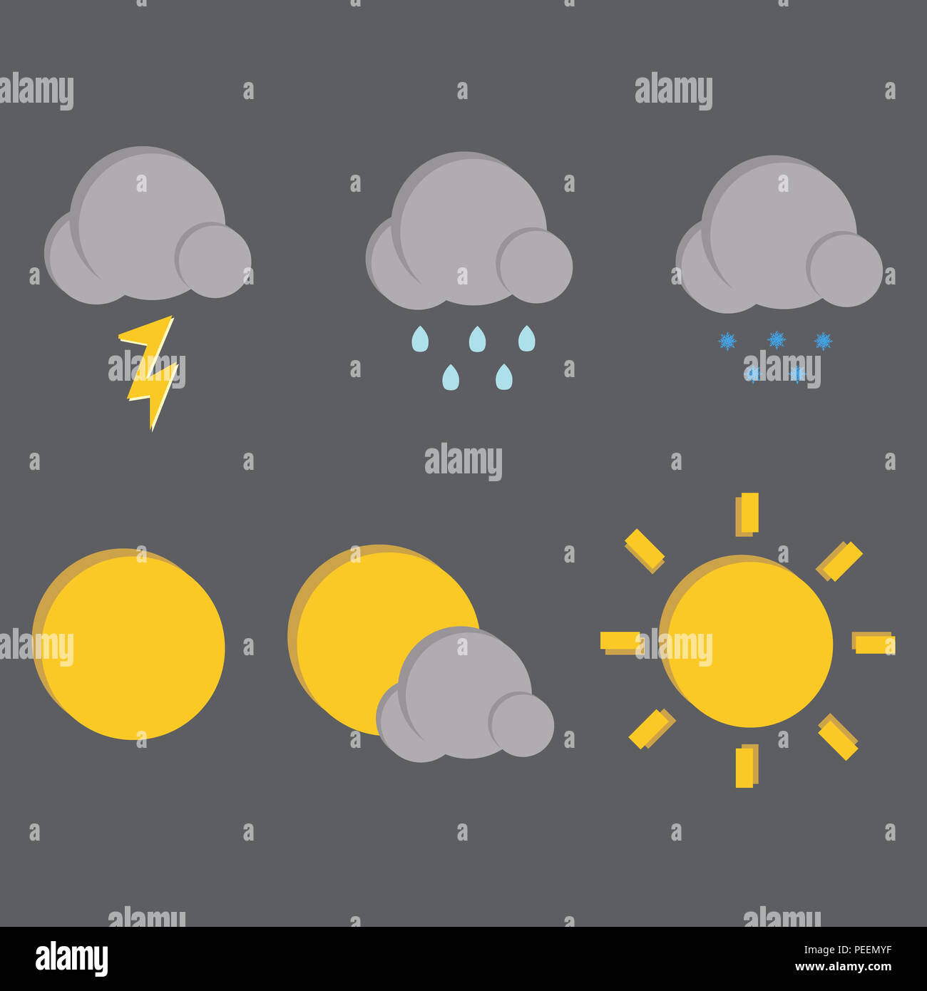 Wetter flachbild Symbole auf dunklem Hintergrund. Vom Hintergrund getrennt. Stockfoto