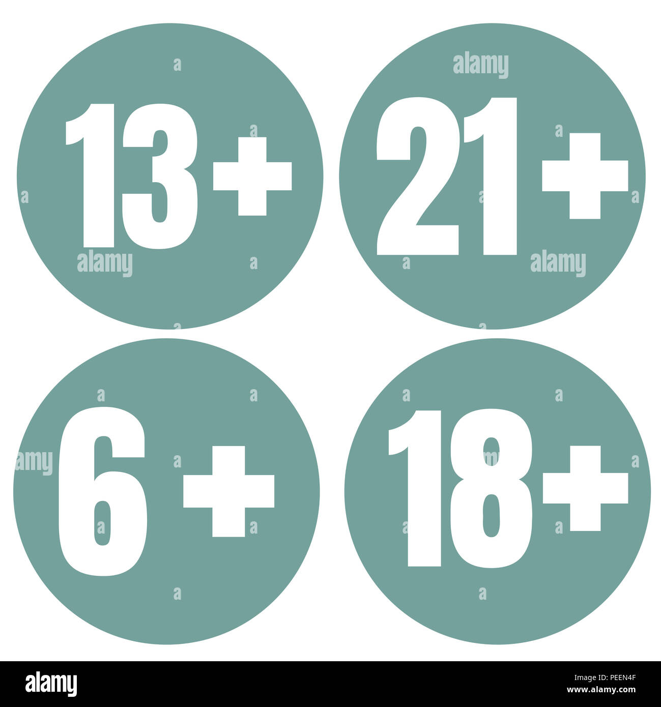 Limit alter Symbol auf blauem Hintergrund. Symbole Altersgrenze von sechs auf 21, Abbildung. Stockfoto