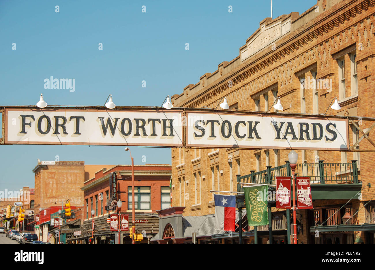 Großes Schild über der Hauptstraße in Fort Worth Stockyards Stockfoto