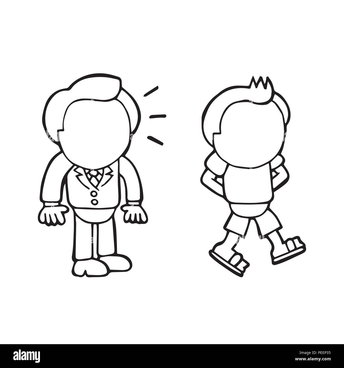 Vektor hand gezeichnete Karikatur Illustration der Geschäftsmann auf der Suche und Neid happy-go-lucky man Wandern in lässige Kleidung. Stock Vektor