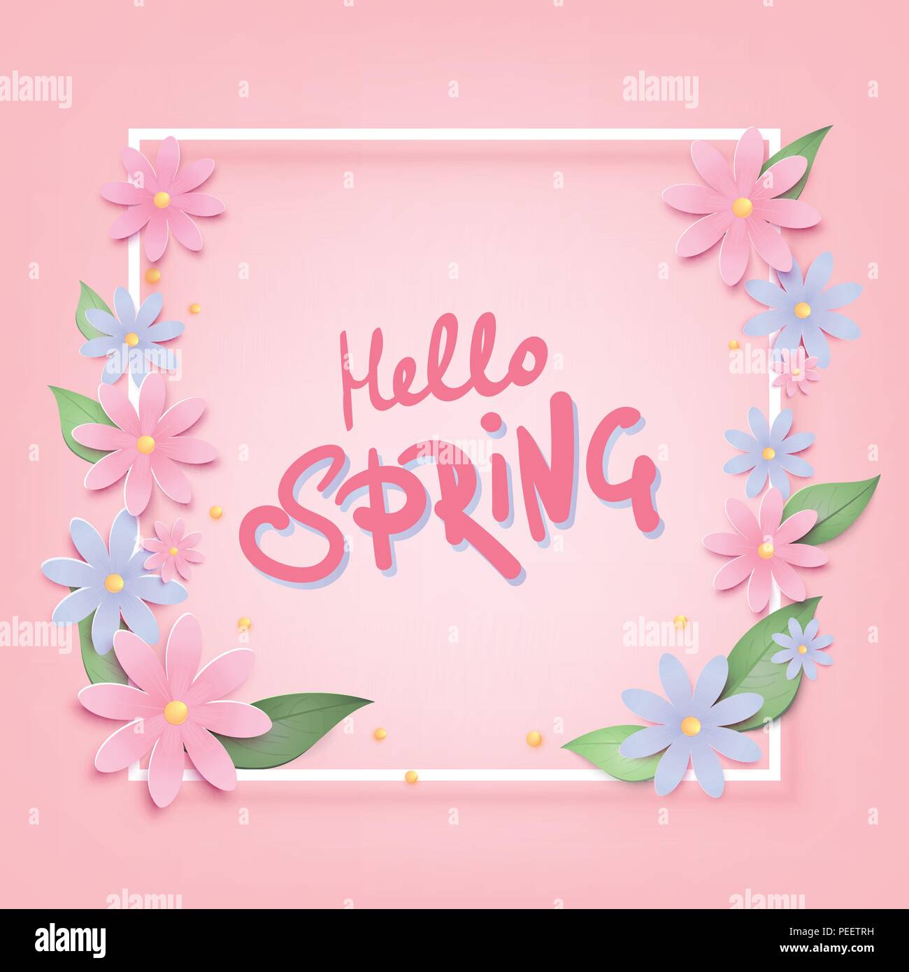 Hallo Frühling Banner mit Blumen und Rahmen. Handschriftliche Beschriftung. Element für Grafikdesign - Plakat, Flyer, Broschüre, Karte, tag, Aufkleber, Abzeichen. V Stock Vektor