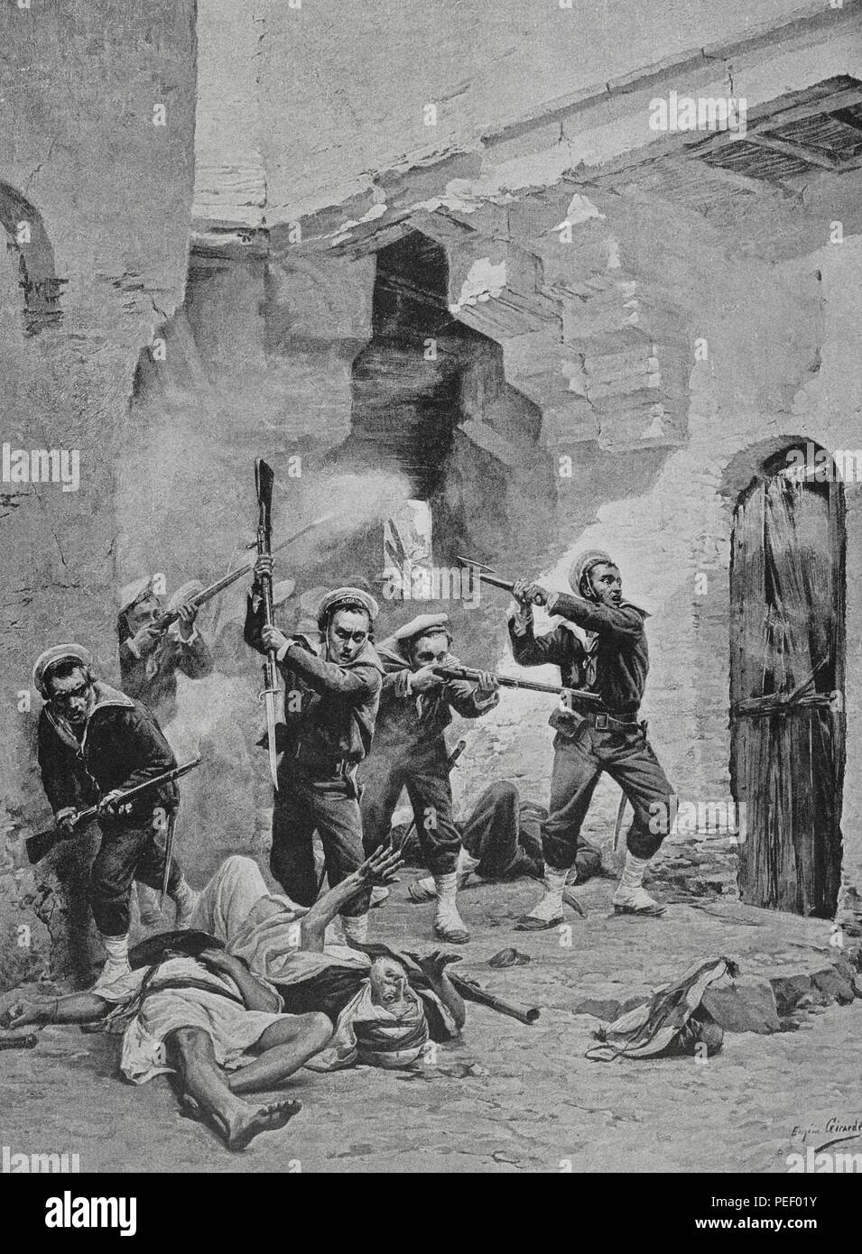 En 1881 Francia ocupó Túnez convirtiendo al País en un protectorado, oficializándose El 12 de Mayo. Terra más tarde las tropas francesas tuvieron Que Hacer frente a Revueltas de las Regiones de Sfax y Kairuán. Combate de una Calle de Sfax. Grabado a partir de un Original de Jules Girardet (1856-1938). En Campagne, por Jules Richard. Obra editada en París en 1885. Biblioteca Histórico Militar de Barcelona. Cataluña. España. Stockfoto