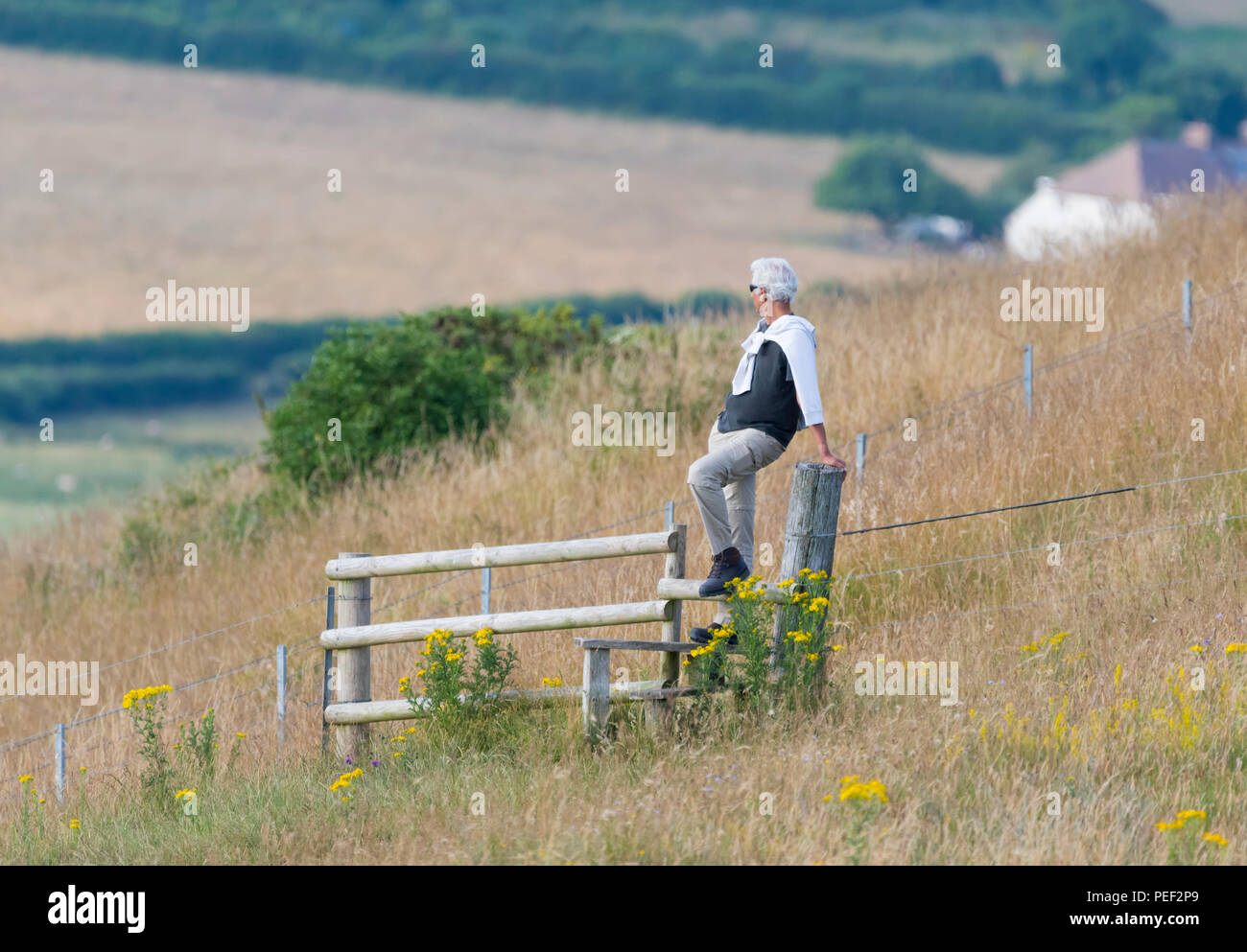 Ein Mann sitzt auf einem Zaun mit Blick auf die Ansicht von Des Teufels Damm auf der South Downs in East Sussex, England, UK. Stockfoto