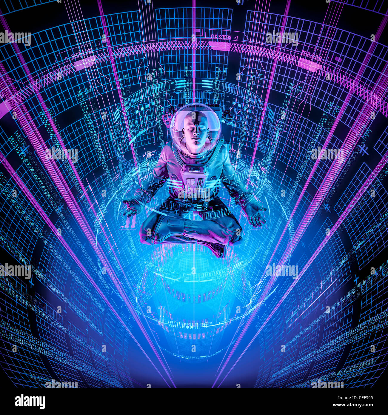 Ruhe datasphere Astronaut/3D-Darstellung der Astronaut im Lotussitz in glühenden cyber Umwelt Stockfoto
